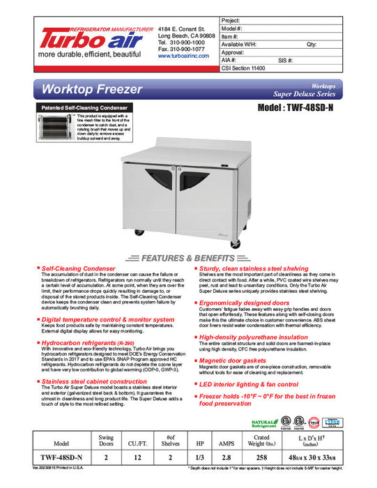 Turbo Air TWR-48SD-N 48 1/4" Super Deluxe Worktop Refrigerator w/ (2) Sections, 2 Solid Doors - Donut-Supplies.Com
