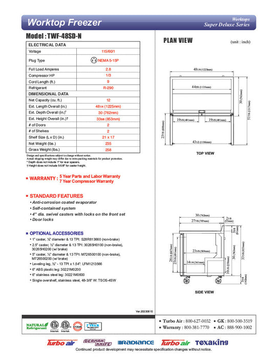 Turbo Air TWR-48SD-N 48 1/4" Super Deluxe Worktop Refrigerator w/ (2) Sections, 2 Solid Doors - Donut-Supplies.Com