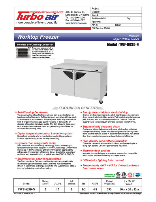 Turbo Air TWF-60SD-N 60 1/4" Super Deluxe Worktop Freezer w/ (2) Sections, 2 Solid Doors - Donut-Supplies.Com