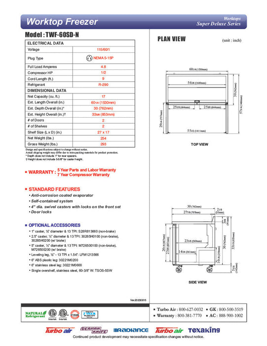 Turbo Air TWF-60SD-N 60 1/4" Super Deluxe Worktop Freezer w/ (2) Sections, 2 Solid Doors - Donut-Supplies.Com