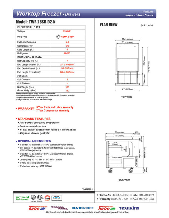 Turbo Air TWF-28SD-D2-N 27 1/2" Super Deluxe Worktop Freezer w/ (1) Section, 2 Drawers - Donut-Supplies.Com