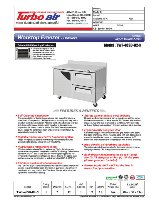 Turbo Air TWF-48SD-D2-N 48 1/4" Super Deluxe Worktop Freezer w/ (2) Sections, 2 Drawers & 1 Solid Door - Donut-Supplies.Com
