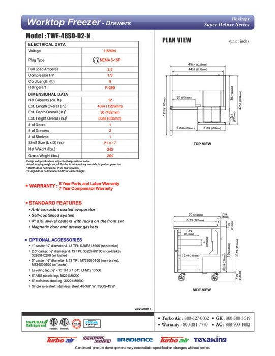 Turbo Air TWF-48SD-D2-N 48 1/4" Super Deluxe Worktop Freezer w/ (2) Sections, 2 Drawers & 1 Solid Door - Donut-Supplies.Com