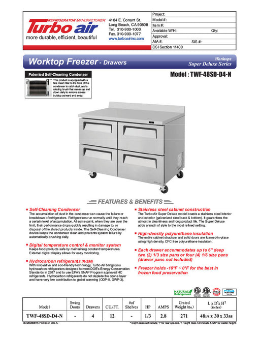 Turbo Air TWF-48SD-D4-N 48 1/4" Super Deluxe Worktop Freezer w/ (2) Sections, 4 Drawers - Donut-Supplies.Com