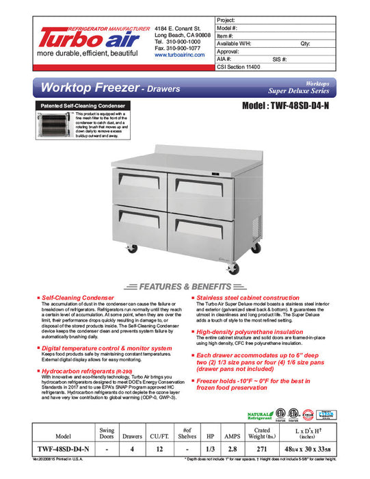 Turbo Air TWF-48SD-D4-N 48 1/4" Super Deluxe Worktop Freezer w/ (2) Sections, 4 Drawers - Donut-Supplies.Com