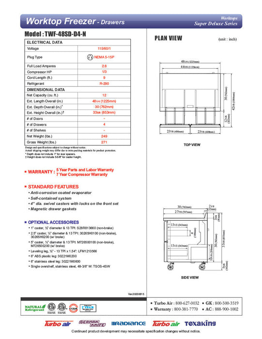 Turbo Air TWF-48SD-D4-N 48 1/4" Super Deluxe Worktop Freezer w/ (2) Sections, 4 Drawers - Donut-Supplies.Com