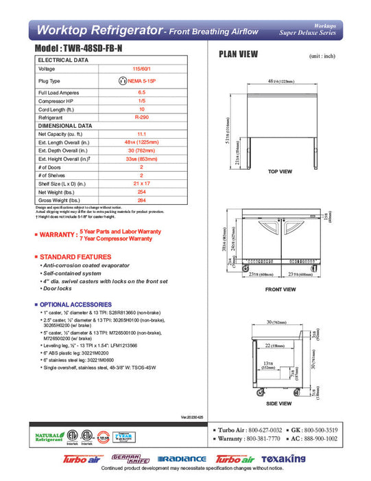 Turbo Air TWR-48SD-FB-N 48 1/4" Super Deluxe Worktop Refrigerator w/ (2) Sections, 2 Solid Doors, Front Breathing - Donut-Supplies.Com
