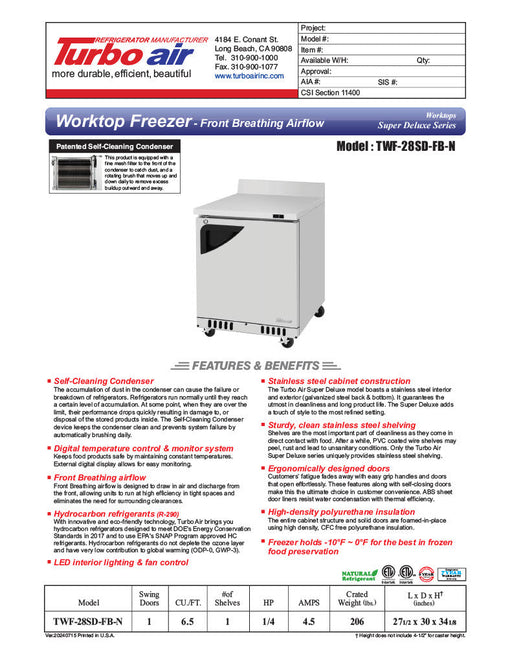 Turbo Air TWF-28SD-FB-N 27 1/2" Super Deluxe Worktop Freezer w/ (1) Section, 1 Solid Door, Front Breathing - Donut-Supplies.Com