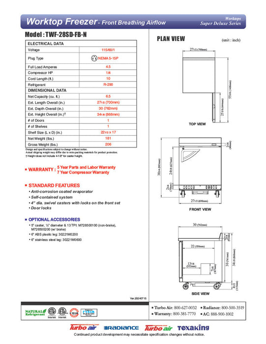 Turbo Air TWF-28SD-FB-N 27 1/2" Super Deluxe Worktop Freezer w/ (1) Section, 1 Solid Door, Front Breathing - Donut-Supplies.Com