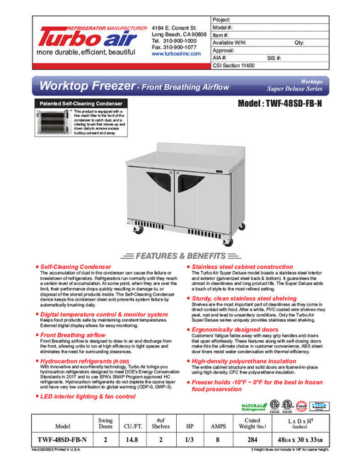 Turbo Air TWF-48SD-FB-N 48 1/4" Super Deluxe Worktop Freezer w/ (2) Sections, 2 Solid Doors, Front Breathing - Donut-Supplies.Com