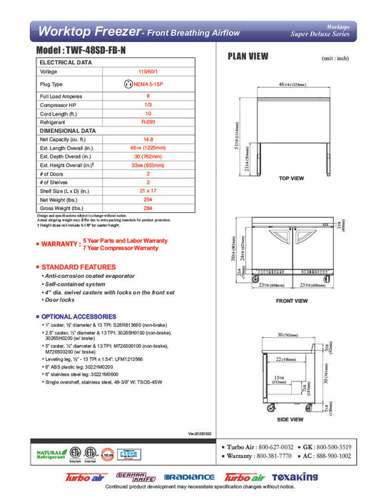 Turbo Air TWF-48SD-FB-N 48 1/4" Super Deluxe Worktop Freezer w/ (2) Sections, 2 Solid Doors, Front Breathing - Donut-Supplies.Com
