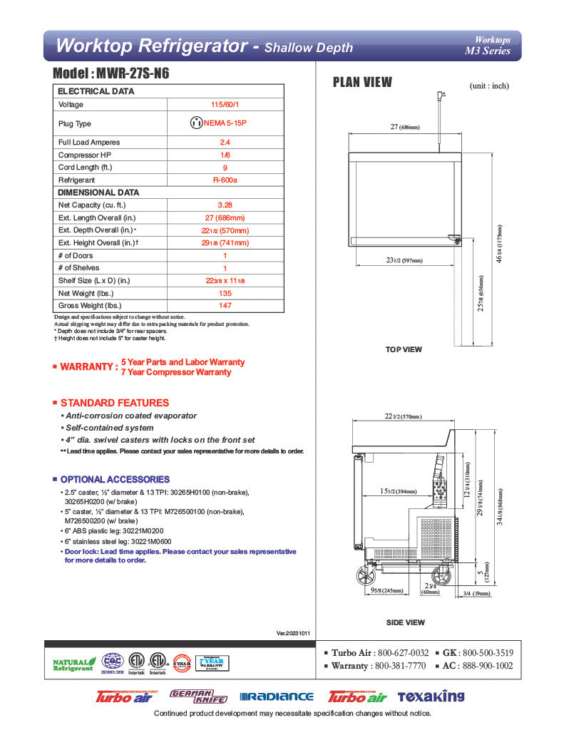 Turbo Air MWR-27S-N6 M3 Series 27" Shallow Depth Undercounter Worktop Refrigerator w/ (1) Section, 1 Solid Door - Donut-Equipment.com