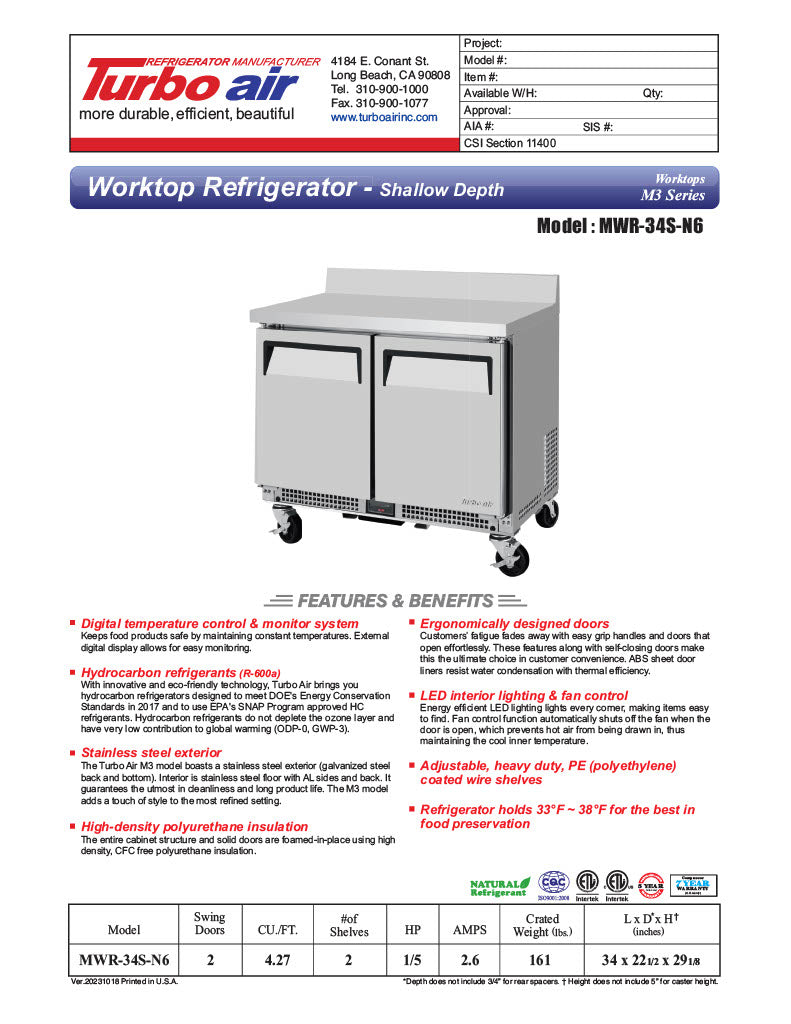 Turbo Air MWR-34S-N6 M3 Series 34" Shallow Depth Undercounter Worktop Refrigerator w/ (2) Section, 2 Solid Door - Donut-Equipment.com