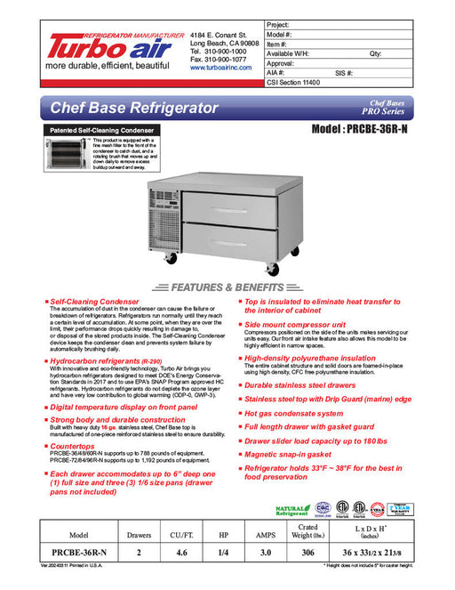 Turbo Air PRCBE-36R-N 36" PRO Series Chef Base w/ 2 Drawers - 115v - Donut-Supplies.Com