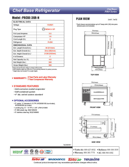 Turbo Air PRCBE-36R-N 36" PRO Series Chef Base w/ 2 Drawers - 115v - Donut-Supplies.Com