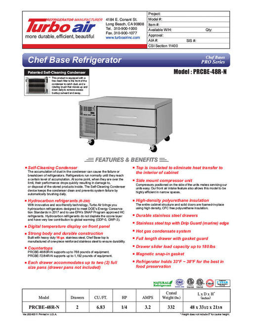 Turbo Air PRCBE-48R-N 48" PRO Series Chef Base w/ 2 Drawers - 115v - Donut-Supplies.Com