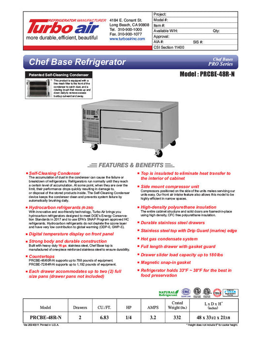 Turbo Air PRCBE-48R-N 48" PRO Series Chef Base w/ 2 Drawers - 115v - Donut-Supplies.Com