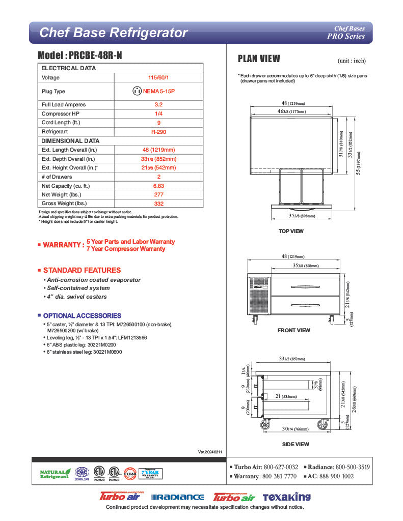 Turbo Air PRCBE-48R-N 48" PRO Series Chef Base w/ 2 Drawers - 115v - Donut-Equipment.com