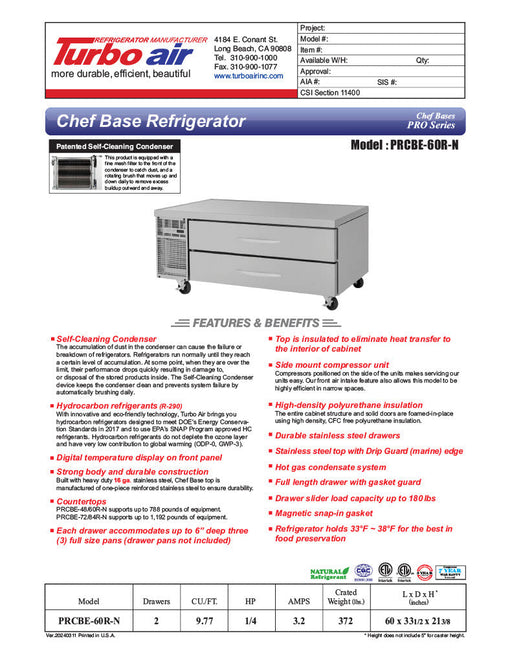 Turbo Air PRCBE-60R-N 60" PRO Series Chef Base w/ 4 Drawers - 115v - Donut-Supplies.Com