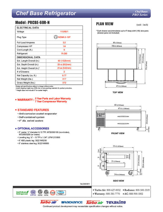 Turbo Air PRCBE-60R-N 60" PRO Series Chef Base w/ 4 Drawers - 115v - Donut-Supplies.Com