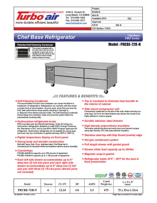 Turbo Air PRCBE-72R-N 72" PRO Series Chef Base w/ (4) Drawers - 115v - Donut-Supplies.Com