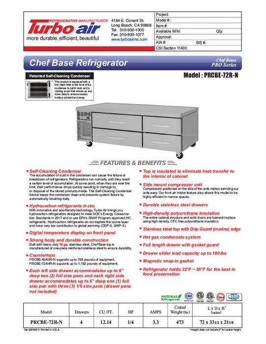 Turbo Air PRCBE-72R-N 72" PRO Series Chef Base w/ (4) Drawers - 115v - Donut-Supplies.Com