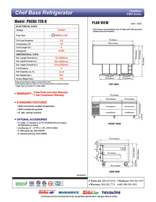 Turbo Air PRCBE-72R-N 72" PRO Series Chef Base w/ (4) Drawers - 115v - Donut-Supplies.Com
