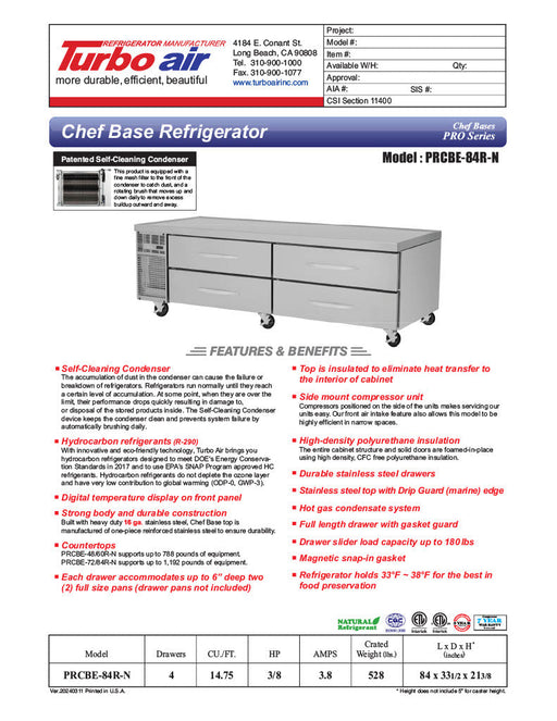 Turbo Air PRCBE-84R-N 84" PRO Series Chef Base w/ (4) Drawers - 115v - Donut-Supplies.Com