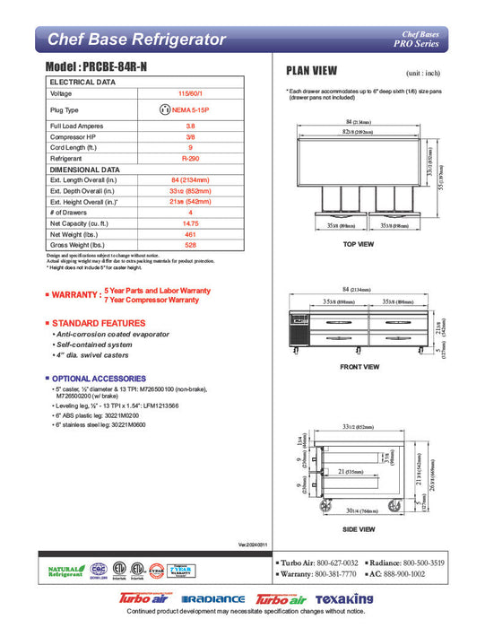 Turbo Air PRCBE-84R-N 84" PRO Series Chef Base w/ (4) Drawers - 115v - Donut-Supplies.Com