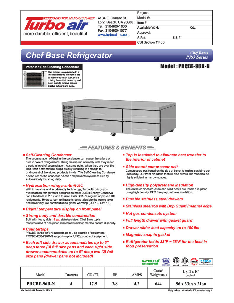 Turbo Air PRCBE-96R-N 96" PRO Series Chef Base w/ (4) Drawers - 115v - Donut-Equipment.com