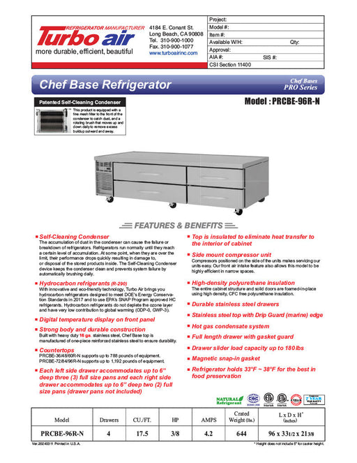 Turbo Air PRCBE-96R-N 96" PRO Series Chef Base w/ (4) Drawers - 115v - Donut-Supplies.Com