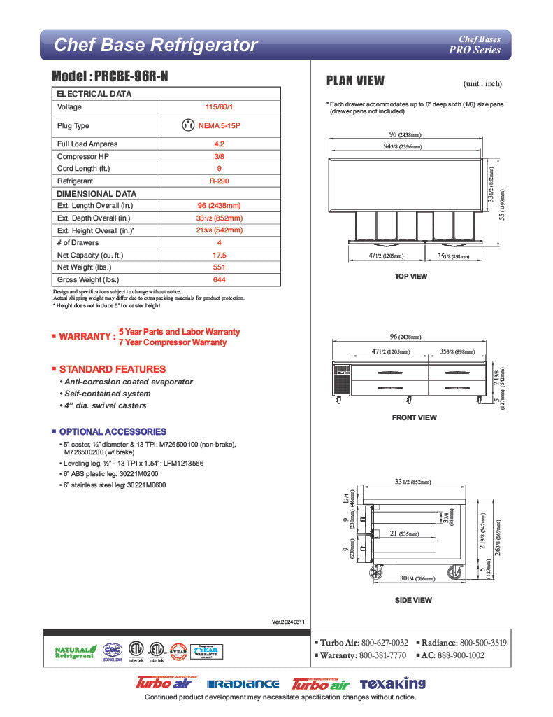 Turbo Air PRCBE-96R-N 96" PRO Series Chef Base w/ (4) Drawers - 115v - Donut-Equipment.com