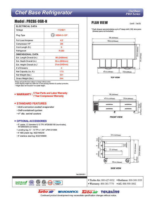 Turbo Air PRCBE-96R-N 96" PRO Series Chef Base w/ (4) Drawers - 115v - Donut-Supplies.Com