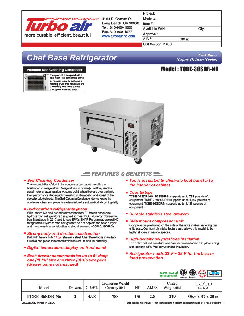 Turbo Air TCBE-36SDR-N6 35 5/8" Super Deluxe Chef Base Refrigerator w/ (2) Drawers – 115v - Donut-Equipment.com
