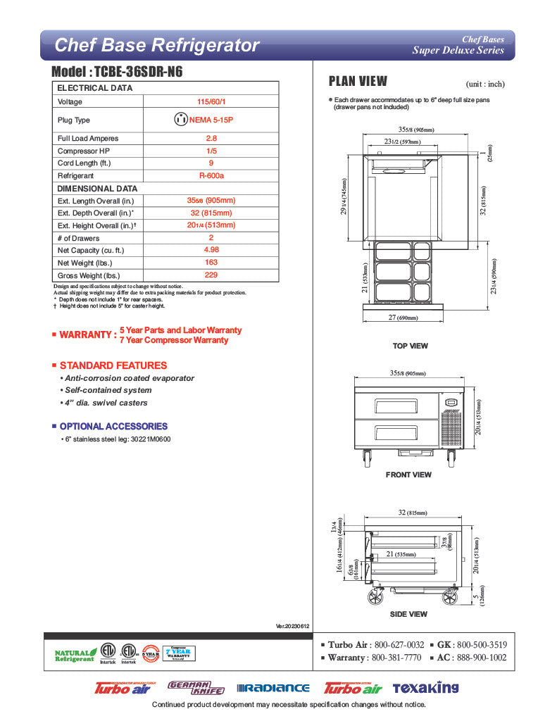 Turbo Air TCBE-36SDR-N6 35 5/8" Super Deluxe Chef Base Refrigerator w/ (2) Drawers – 115v - Donut-Equipment.com