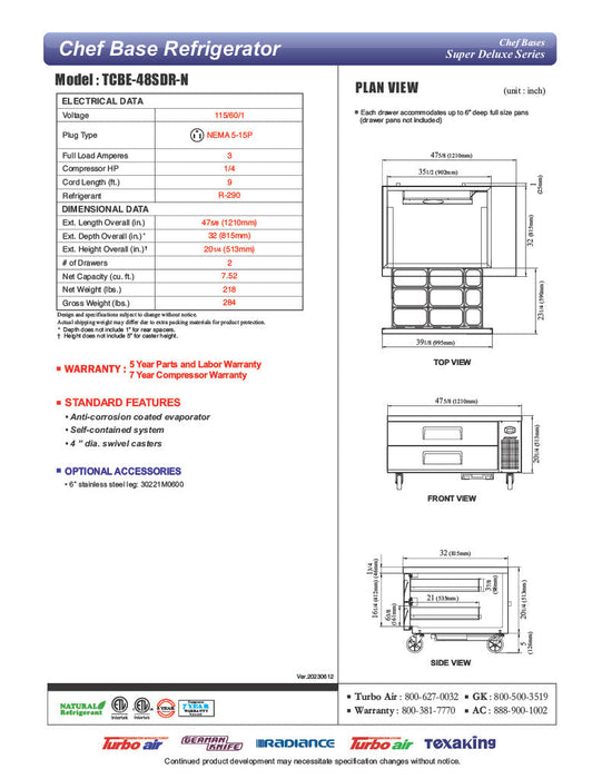 Turbo Air TCBE-48SDR-N 47 5/8" Super Deluxe Chef Base Refrigerator w/ (2) Drawers – 115v - Donut-Supplies.Com
