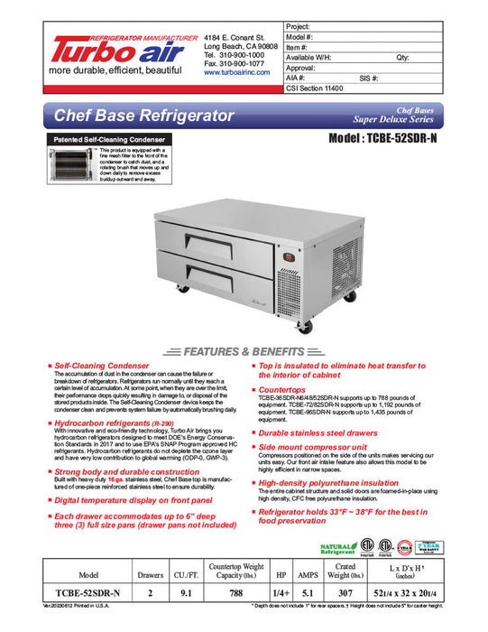 Turbo Air TCBE-52SDR-N 52 1/4" Super Deluxe Chef Base w/ (2) Drawers - 115v - Donut-Supplies.Com