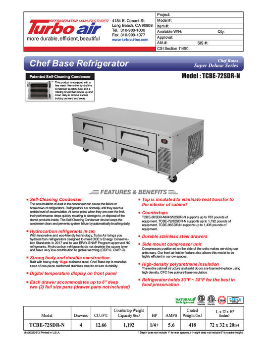 Turbo Air TCBE-72SDR-N 72" Super Deluxe Chef Base w/ (4) Drawers - 115v - Donut-Supplies.Com