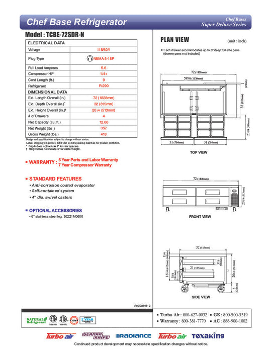 Turbo Air TCBE-72SDR-N 72" Super Deluxe Chef Base w/ (4) Drawers - 115v - Donut-Supplies.Com