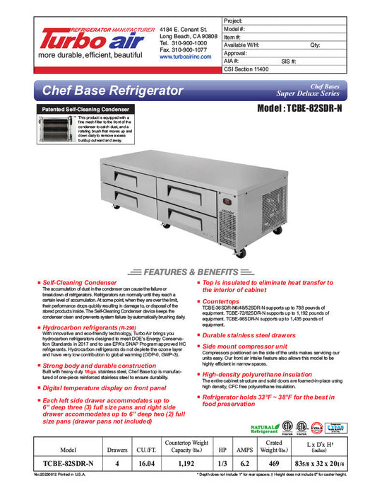 Turbo Air TCBE-82SDR-N 83 5/8" Super Deluxe Chef Base w/ (4) Drawers - 115v - Donut-Supplies.Com