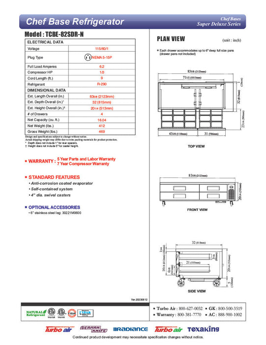Turbo Air TCBE-82SDR-N 83 5/8" Super Deluxe Chef Base w/ (4) Drawers - 115v - Donut-Supplies.Com