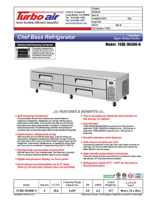 Turbo Air TCBE-96SDR-N 96 3/8" Super Deluxe Chef Base w/ (4) Drawers - 115v - Donut-Supplies.Com