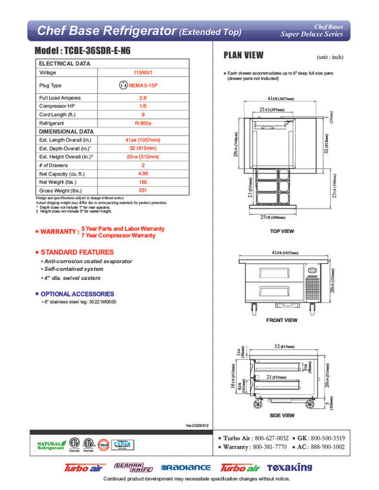Turbo Air TCBE-36SDR-E-N6 41 5/8" Super Deluxe Chef Base w/ (2) Drawers - 115v - Donut-Supplies.Com