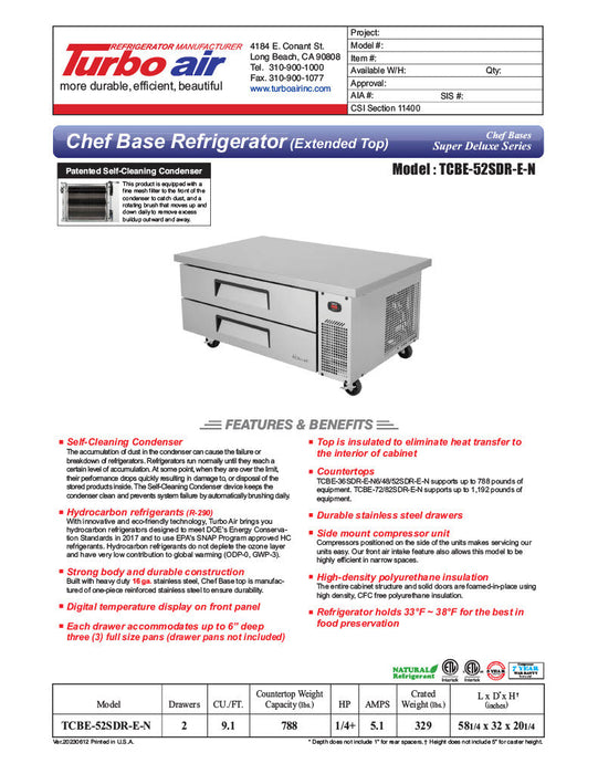Turbo Air TCBE-52SDR-N 52 1/4" Super Deluxe Chef Base w/ (2) Drawers - 115v - Donut-Supplies.Com