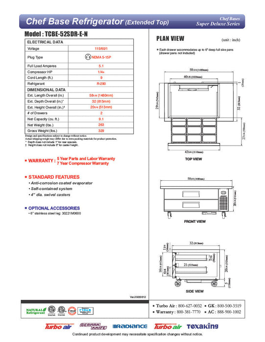 Turbo Air TCBE-52SDR-N 52 1/4" Super Deluxe Chef Base w/ (2) Drawers - 115v - Donut-Supplies.Com