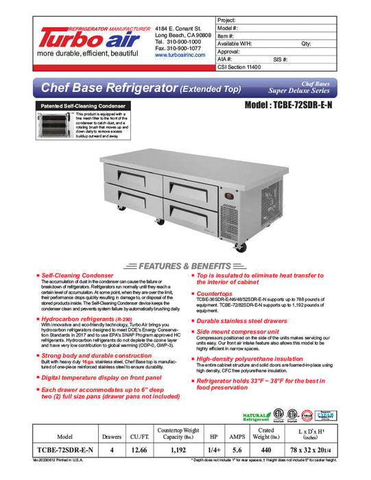 Turbo Air TCBE-72SDR-E-N 78" Super Deluxe Chef Base w/ 4 Drawers - 115v - Donut-Supplies.Com