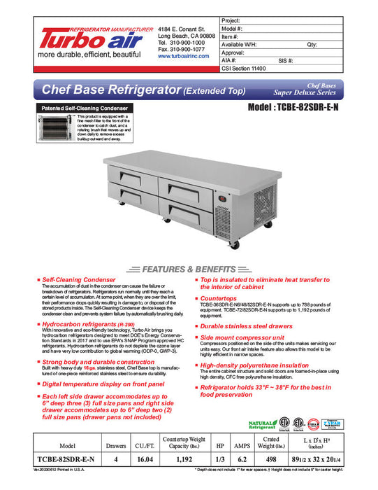 Turbo Air TCBE-82SDR-E-N 89 1/2" Super Deluxe Chef Base w/ 4 Drawers - 115v - Donut-Supplies.Com