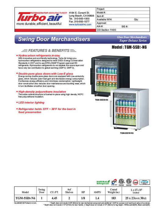 Turbo Air TGM-5SDB-N6 25" Black Super Deluxe Countertop Refrigerator w/ Glass Swing Door – Front Access, LED Lighting, 115v - Donut-Supplies.Com