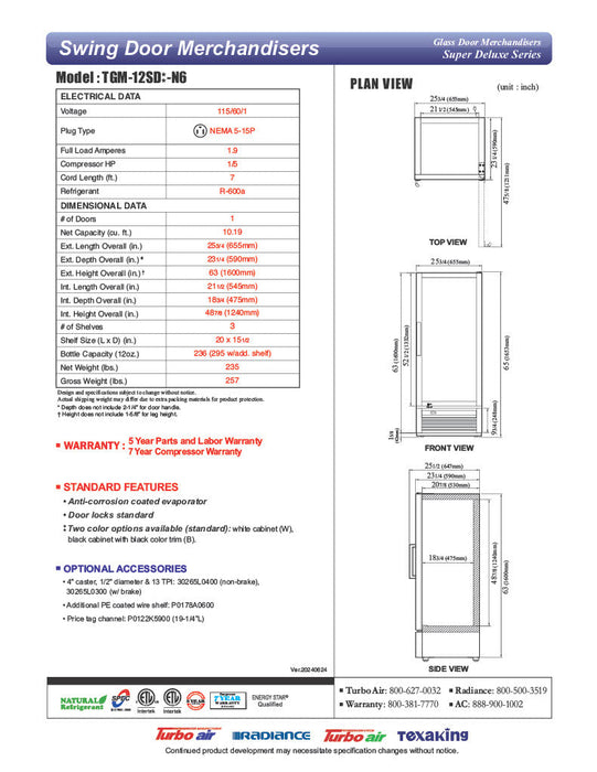 Turbo Air TGM-12SD-N6 26" White Super Deluxe Countertop Refrigerator w/ Glass Swing Door – LED Interior, Front Access, 115v - Donut-Supplies.Com