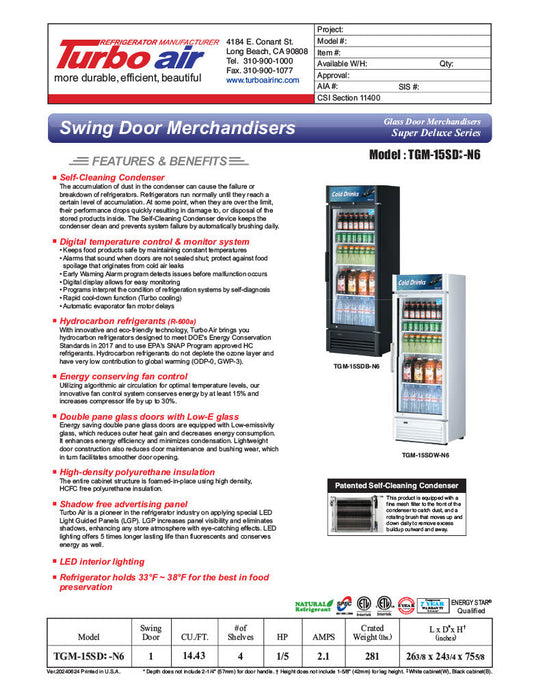 Turbo Air TGM-15SD-N6 27" White Super Deluxe Countertop Refrigerator w/ Glass Swing Door – LED Lighting, Front Access, 115v - Donut-Supplies.Com